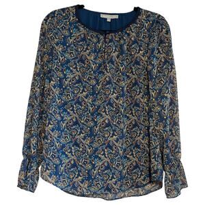 Daniel Rainn Floral Paisley Keyhole Long Sleeve Blouse Navy Gold Petite Small